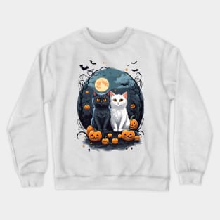 "Harmonious Halloween: Cat Lovers Under the Big Full Moon with Black and White Couple Cats" Crewneck Sweatshirt